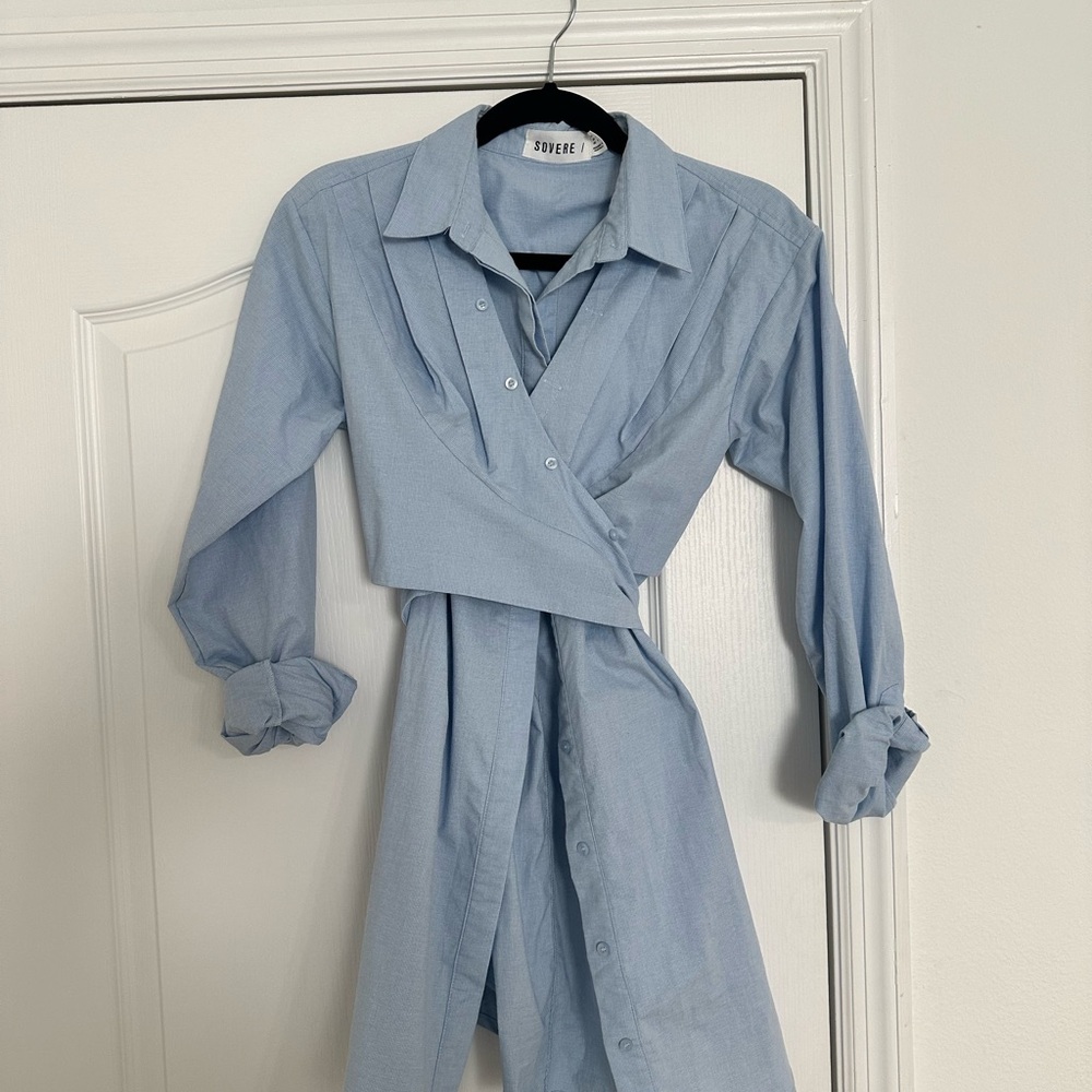 Blue Notched Collar Long Sleeve Dress